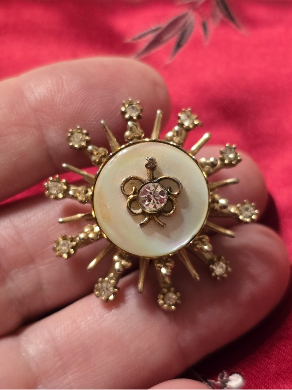 Gold-Tone Sunburst Brooch with Iridescent Mother-of-Pearl and Clear Crystal - Picture 3 of 6